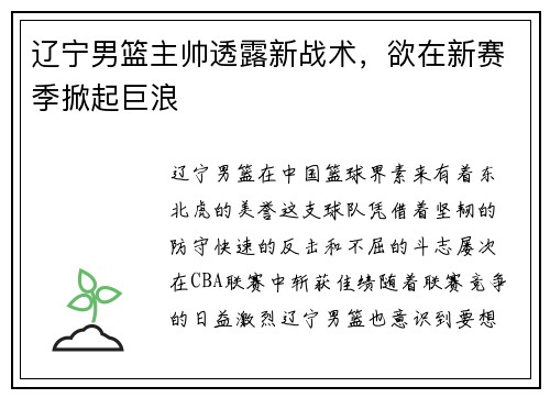 辽宁男篮主帅透露新战术，欲在新赛季掀起巨浪