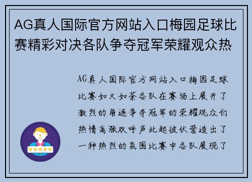 AG真人国际官方网站入口梅园足球比赛精彩对决各队争夺冠军荣耀观众热情高涨